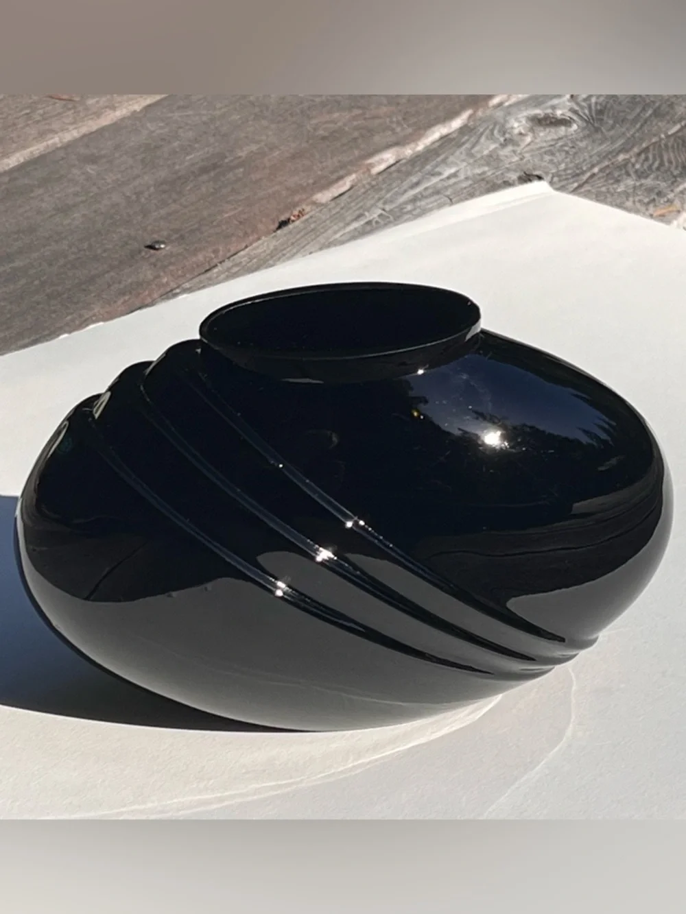 Vintage Blown Glass Vase Art Deco Pleated Oval Decor Black Lightweight 80s Small